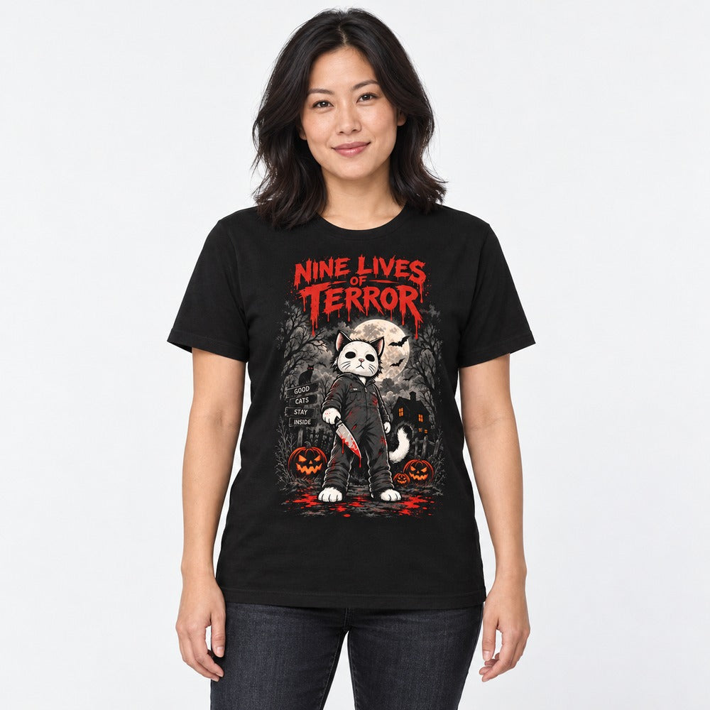 Nine Lives of Terror Cat T-Shirt — Black unisex fit on female model
