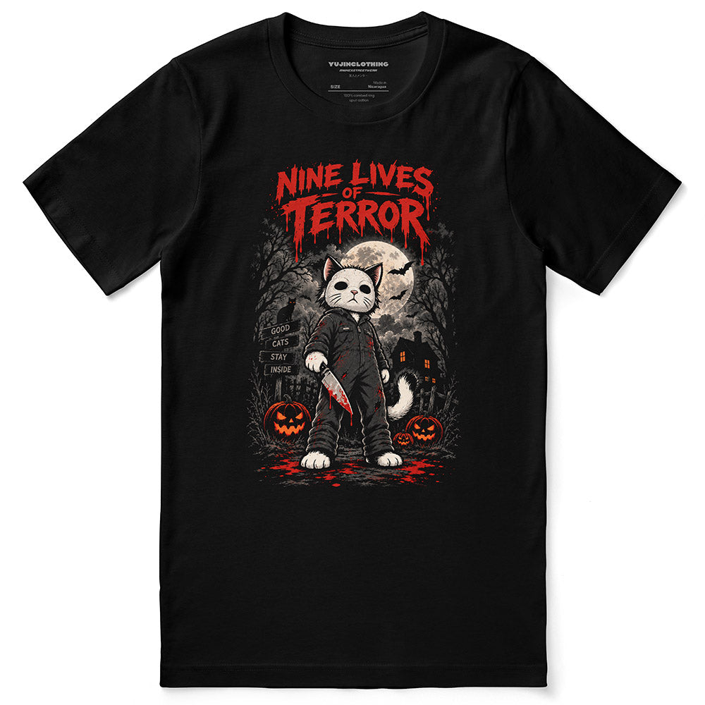 Nine Lives of Terror Cat T-Shirt — black front flat lay