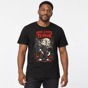 Nine Lives of Terror Cat T-Shirt — Black unisex fit on male model