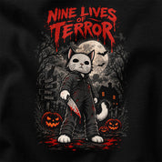 Nine Lives of Terror Cat T-Shirt — Black artwork detail