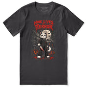 Nine Lives of Terror Cat T-Shirt — dark grey front flat lay