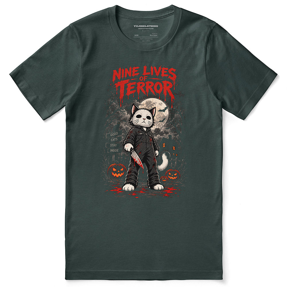Nine Lives of Terror Cat T-Shirt — forest front flat lay