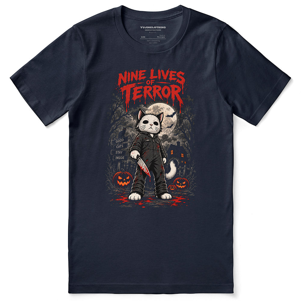 Nine Lives of Terror Cat T-Shirt — navy front flat lay