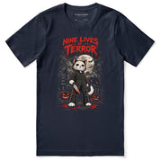 Nine Lives of Terror Cat T-Shirt — navy front flat lay