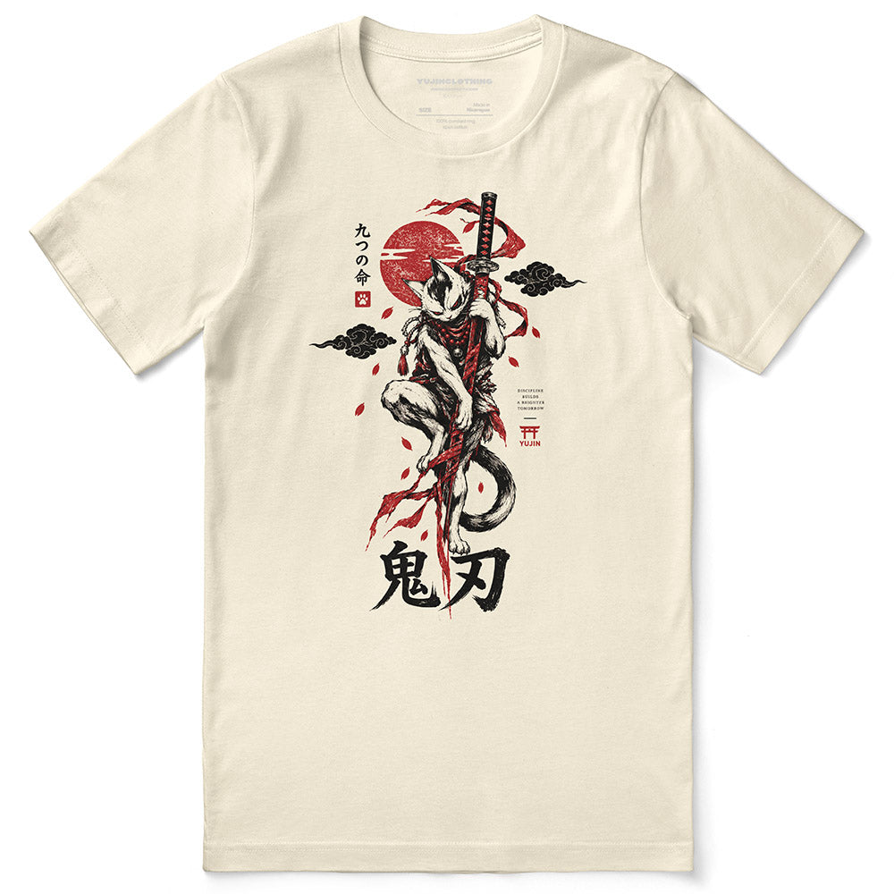 Nine Lives Ronin Cat T-Shirt in Natural - front flat lay