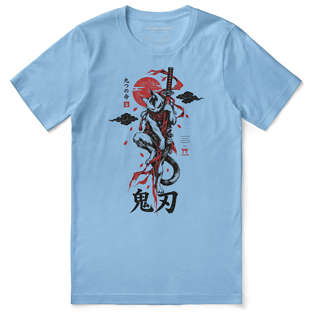 Nine Lives Ronin Cat T-Shirt in Ocean Blue - front flat lay