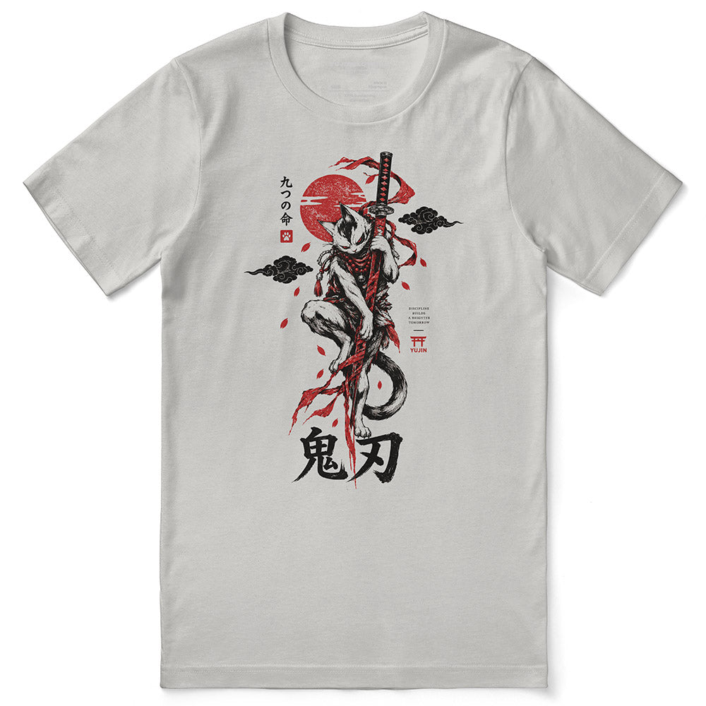 Nine Lives Ronin Cat T-Shirt in Silver - front flat lay