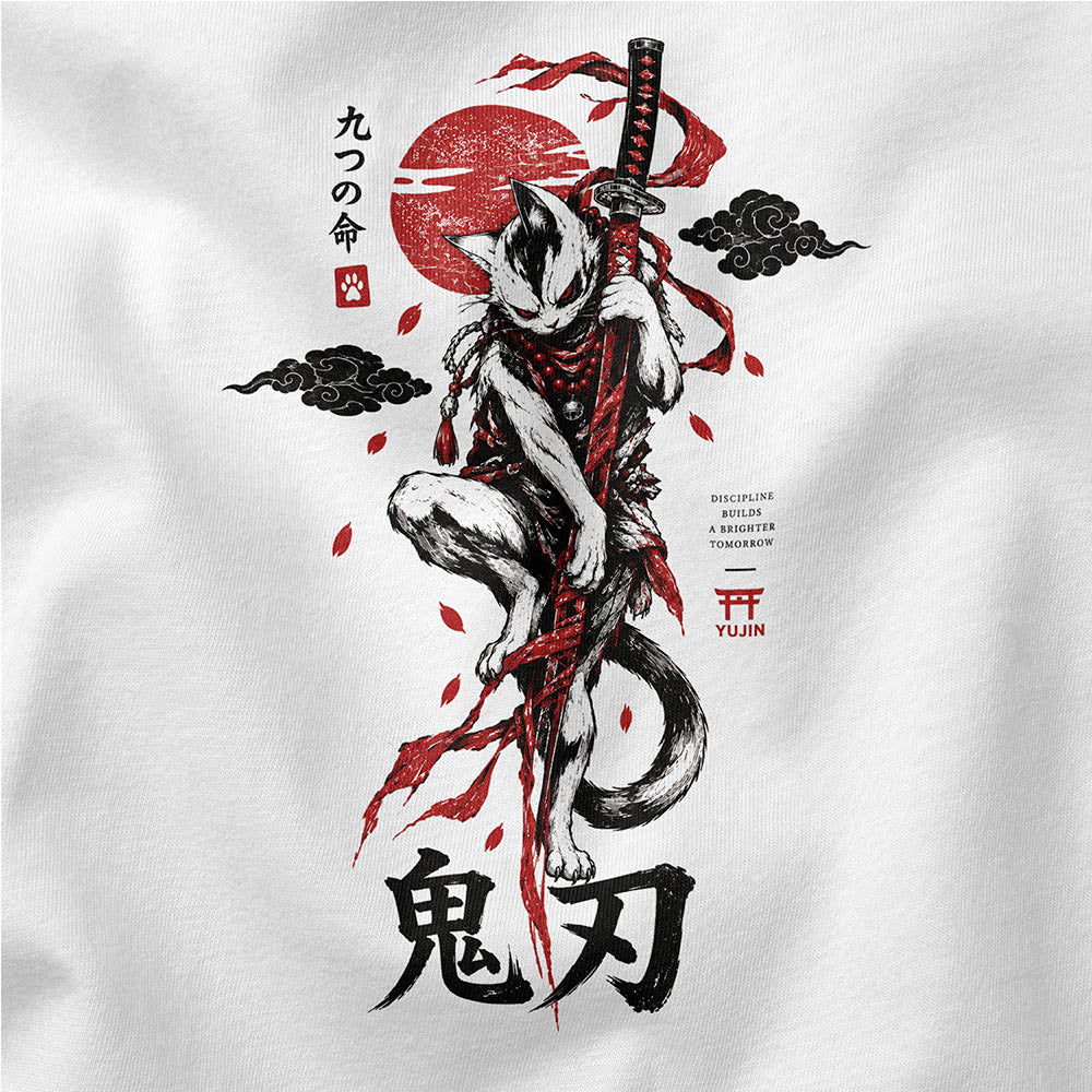 Close-up of Nine Lives Ronin Cat T-Shirt artwork on White