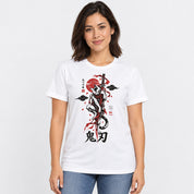 Female model wearing Nine Lives Ronin Cat T-Shirt in White