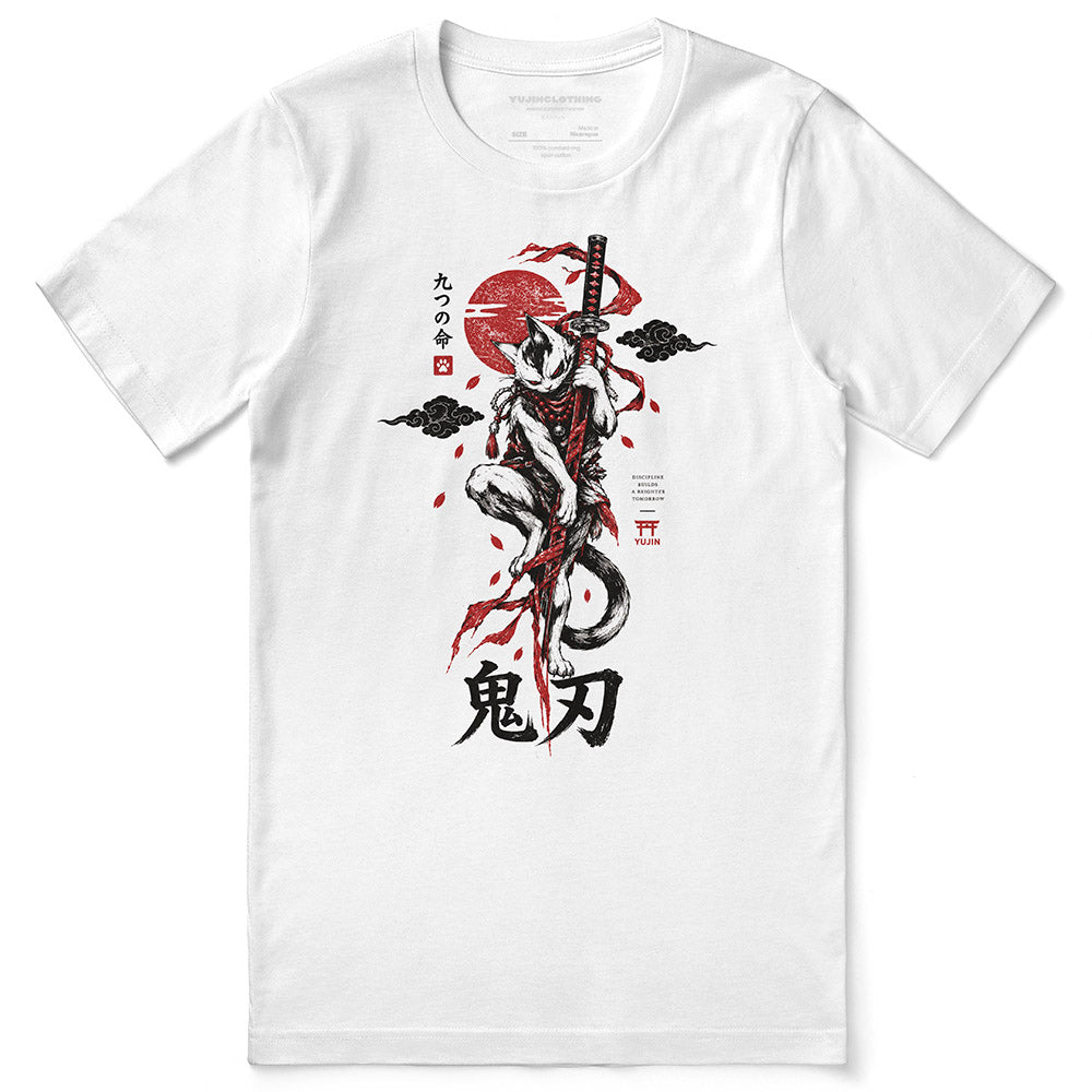 Nine Lives Ronin Cat T-Shirt in White - front flat lay