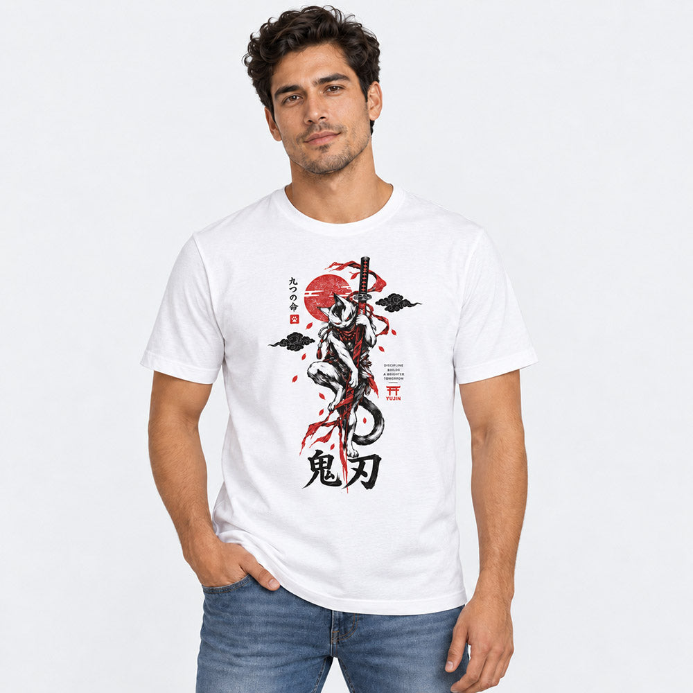 Male model wearing Nine Lives Ronin Cat T-Shirt in White