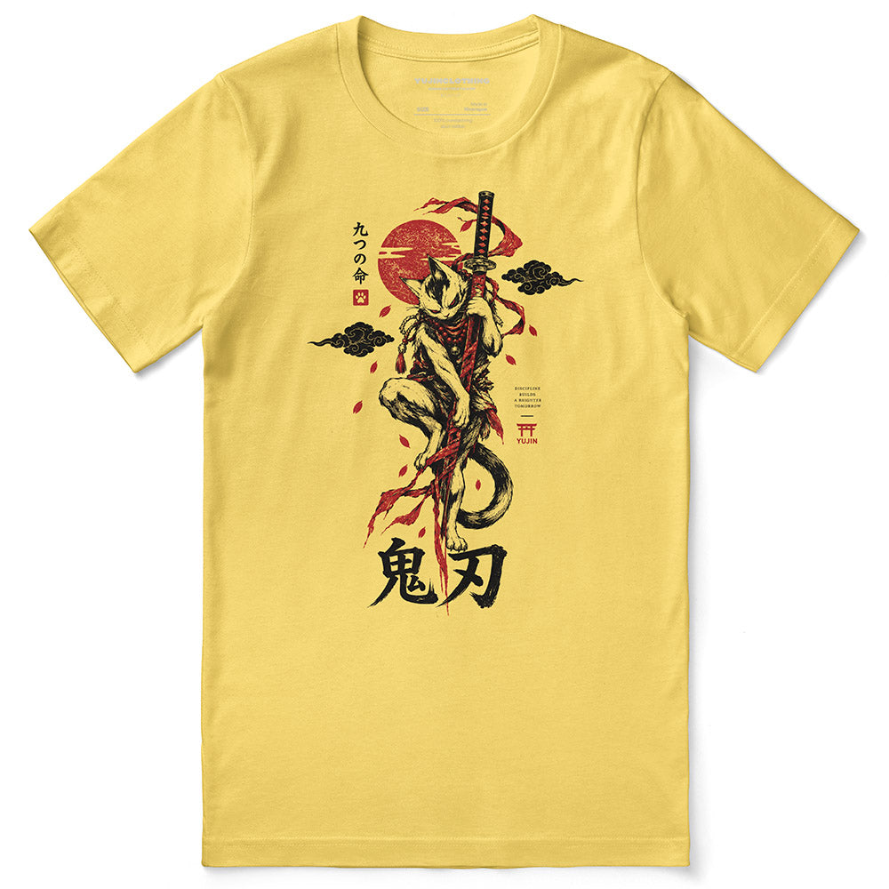 Nine Lives Ronin Cat T-Shirt in Yellow - front flat lay