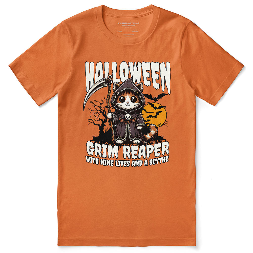 Grim Reaper Halloween Cat T-Shirt | Yūjin Japanese Anime Streetwear Clothing