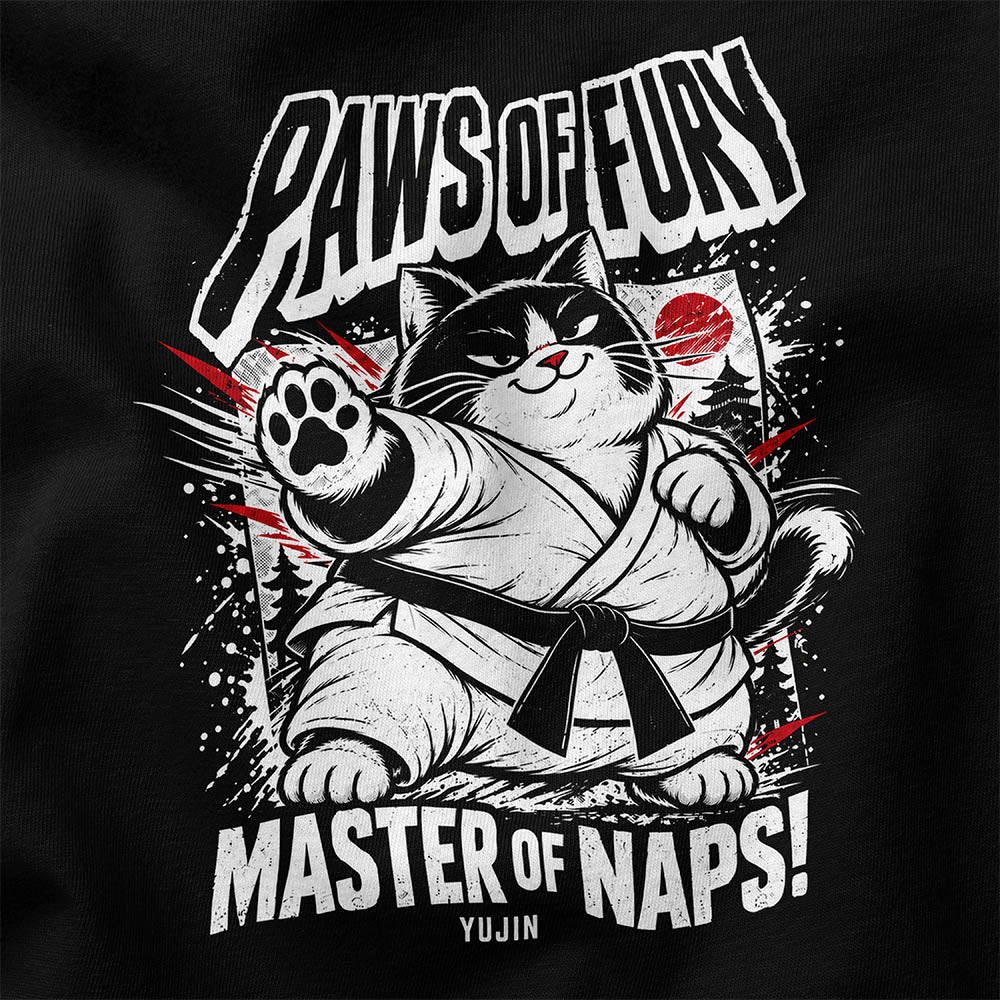 Paws of Fury Cat T-Shirt — Black artwork close-up