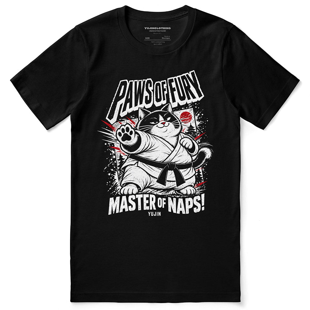 Paws of Fury Cat T-Shirt — Black flat lay