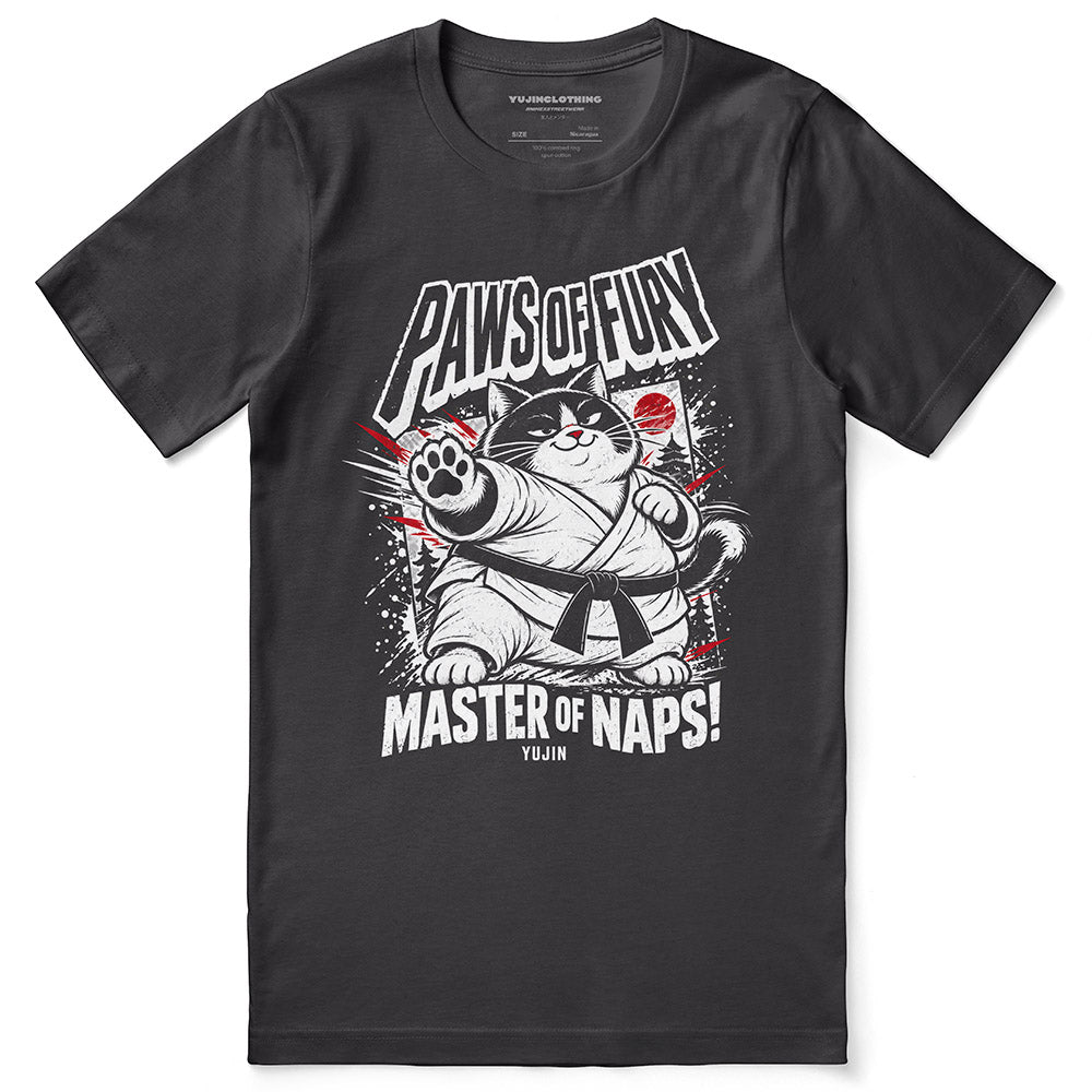 Paws of Fury Cat T-Shirt — Dark Grey flat lay