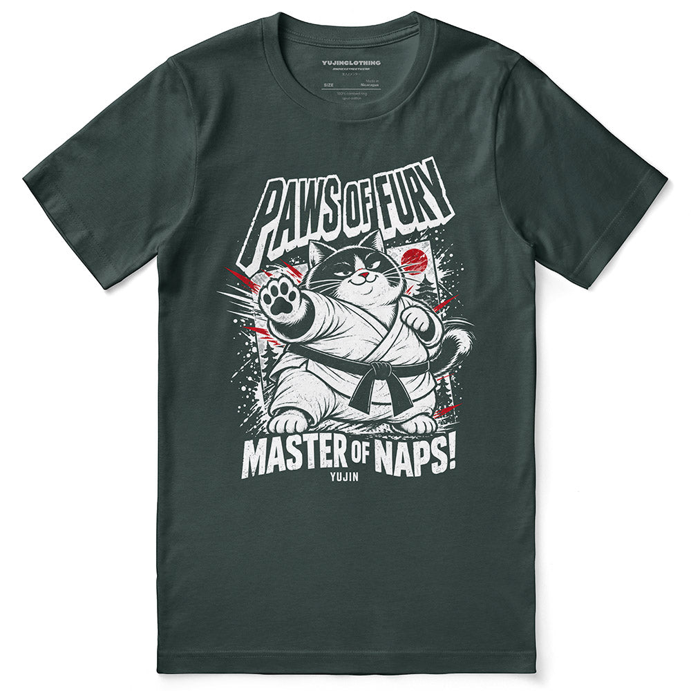 Paws of Fury Cat T-Shirt — Forest flat lay