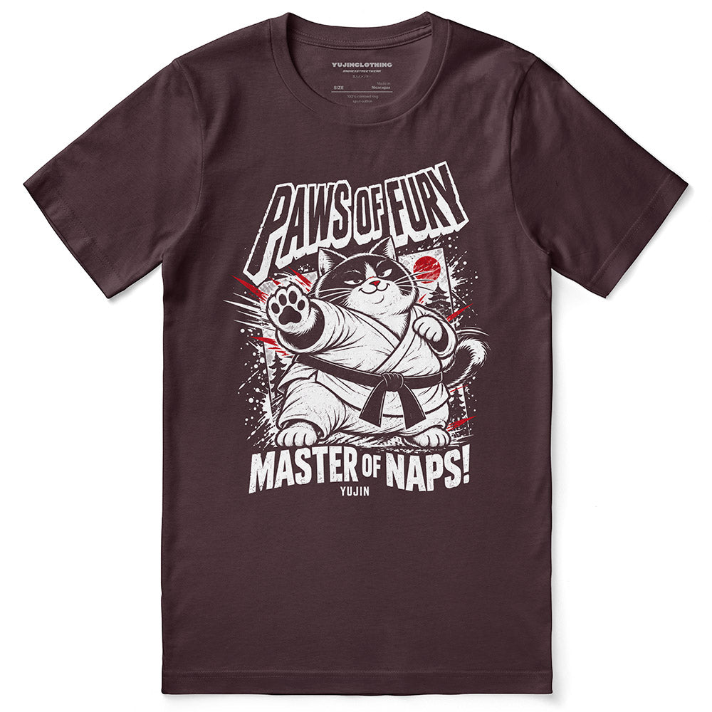 Paws of Fury Cat T-Shirt — Maroon flat lay