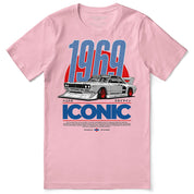 Pink t-shirt with a graphic of a car and text on a white background