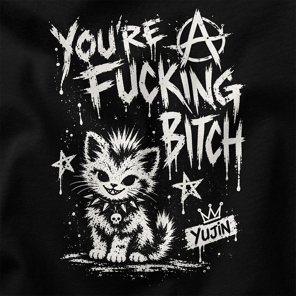 Punk Attitude Cat T-Shirt in Black — closeup, distressed punk cat graphic