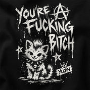Punk Attitude Cat T-Shirt in Black — closeup, distressed punk cat graphic