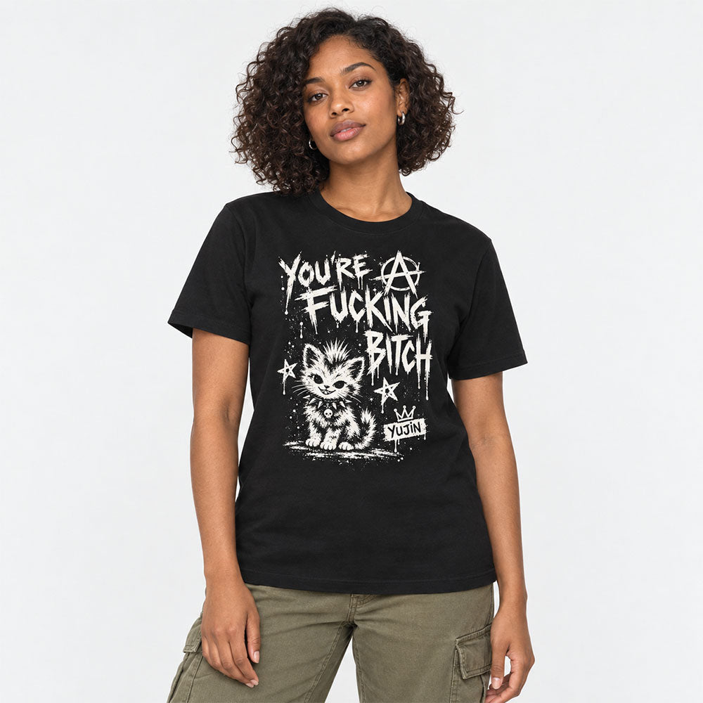 Punk Attitude Cat T-Shirt in Black — female lifestyle, distressed punk cat graphic