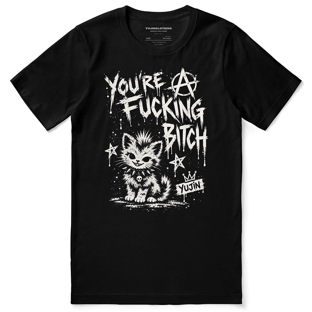 Punk Attitude Cat T-Shirt in Black — flat lay, distressed punk cat graphic