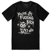 Punk Attitude Cat T-Shirt in Black — flat lay, distressed punk cat graphic