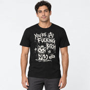 Punk Attitude Cat T-Shirt in Black — male lifestyle, distressed punk cat graphic