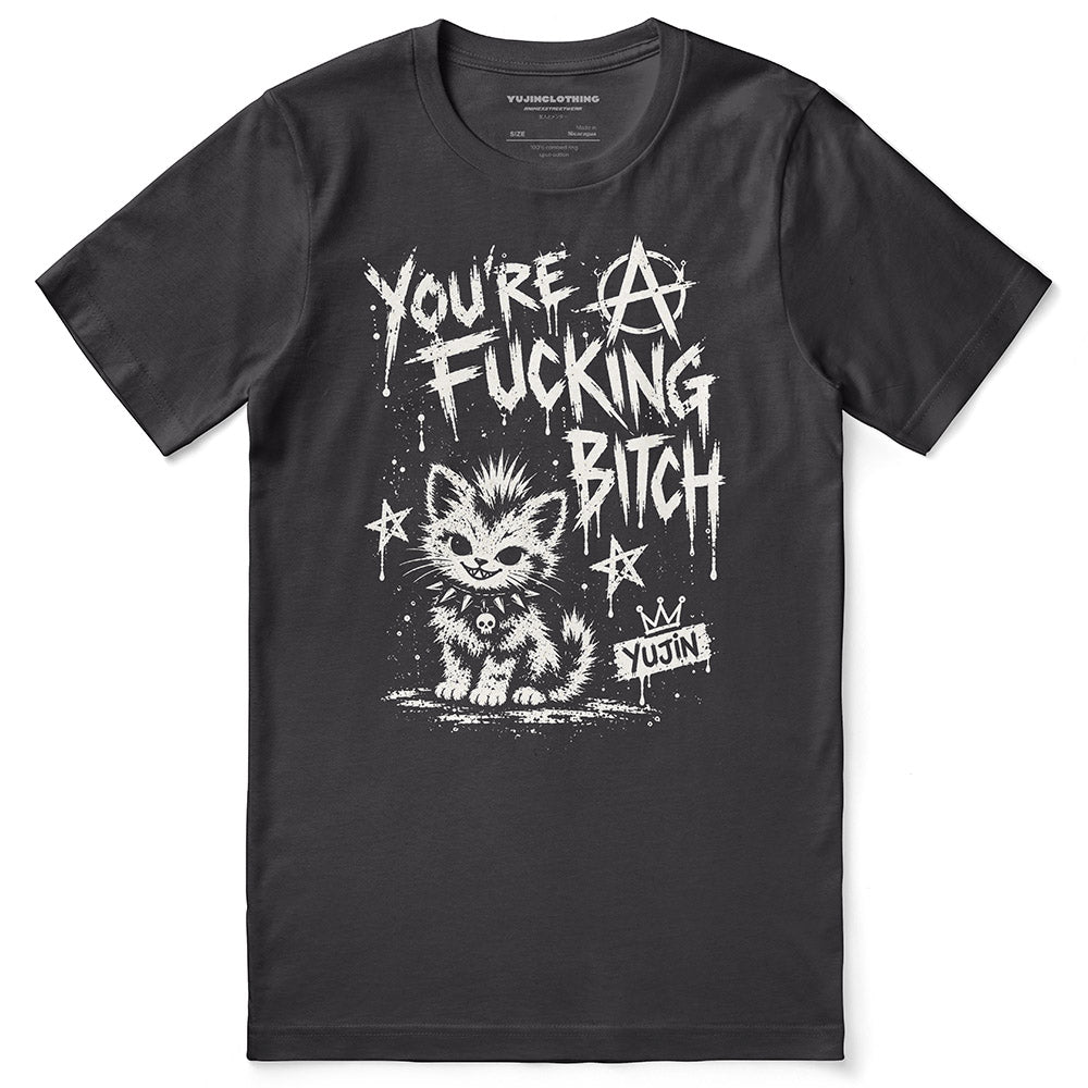 Punk Attitude Cat T-Shirt in Dark Grey — flat lay, distressed punk cat graphic