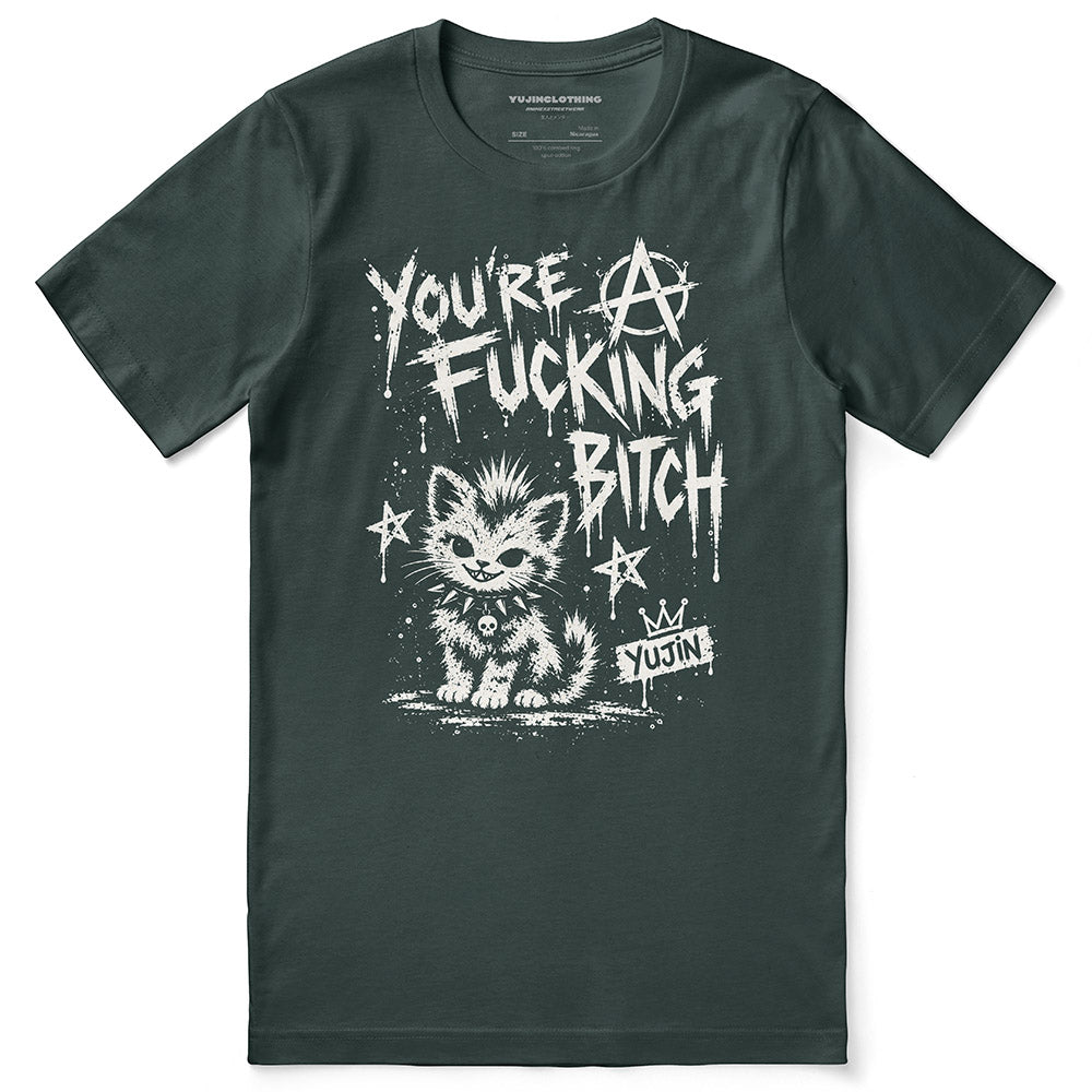 Punk Attitude Cat T-Shirt in Forest — flat lay, distressed punk cat graphic