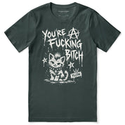 Punk Attitude Cat T-Shirt in Forest — flat lay, distressed punk cat graphic