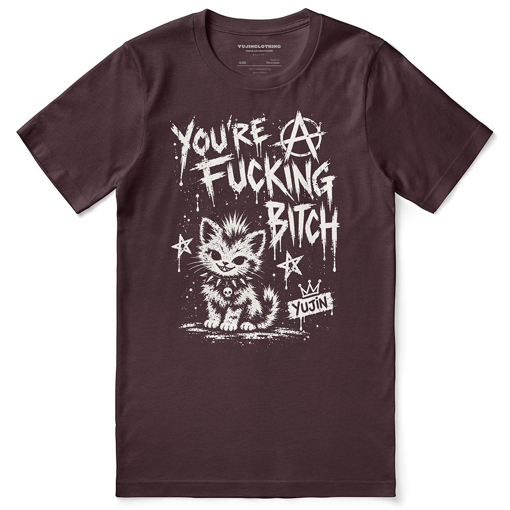 Punk Attitude Cat T-Shirt in Maroon — flat lay, distressed punk cat graphic
