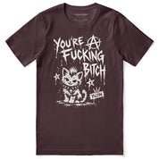 Punk Attitude Cat T-Shirt in Maroon — flat lay, distressed punk cat graphic