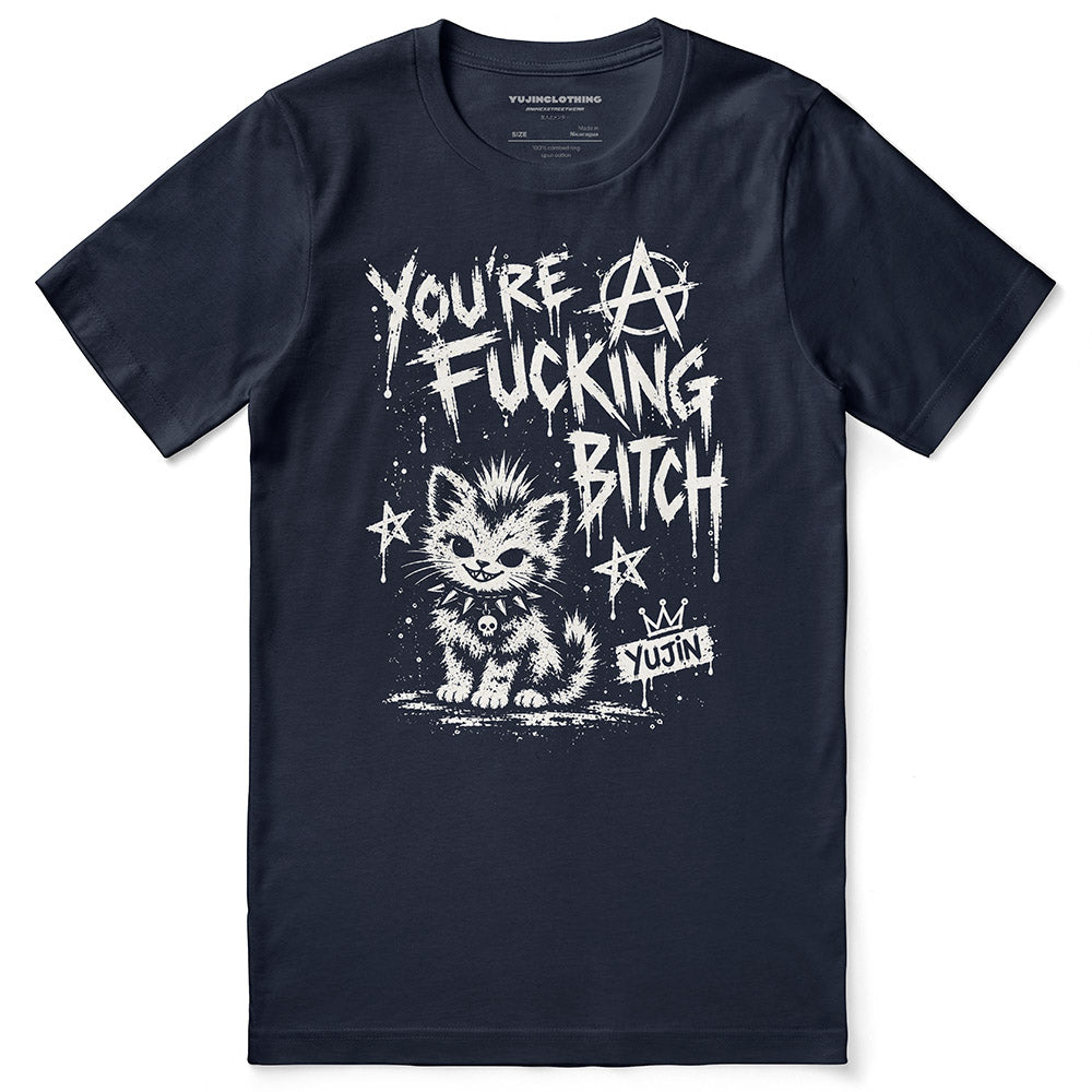 Punk Attitude Cat T-Shirt in Navy — flat lay, distressed punk cat graphic