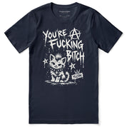 Punk Attitude Cat T-Shirt in Navy — flat lay, distressed punk cat graphic