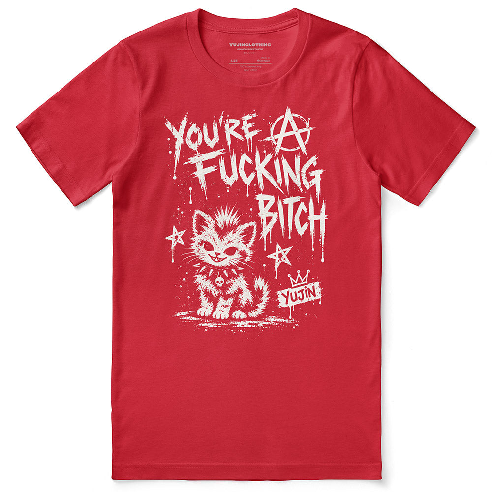 Punk Attitude Cat T-Shirt in Red — flat lay, distressed punk cat graphic
