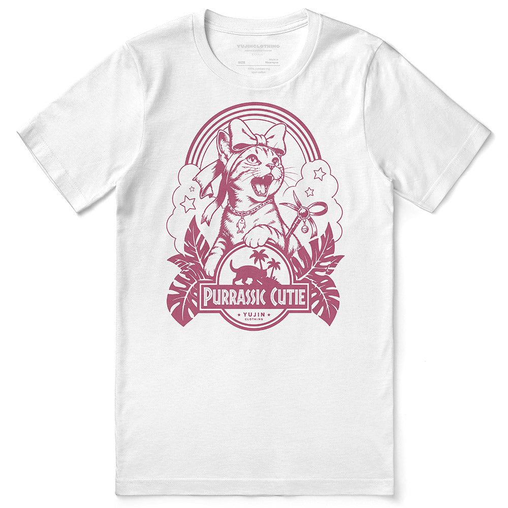 Purrassic Cutie Cat T-Shirt — white flat lay