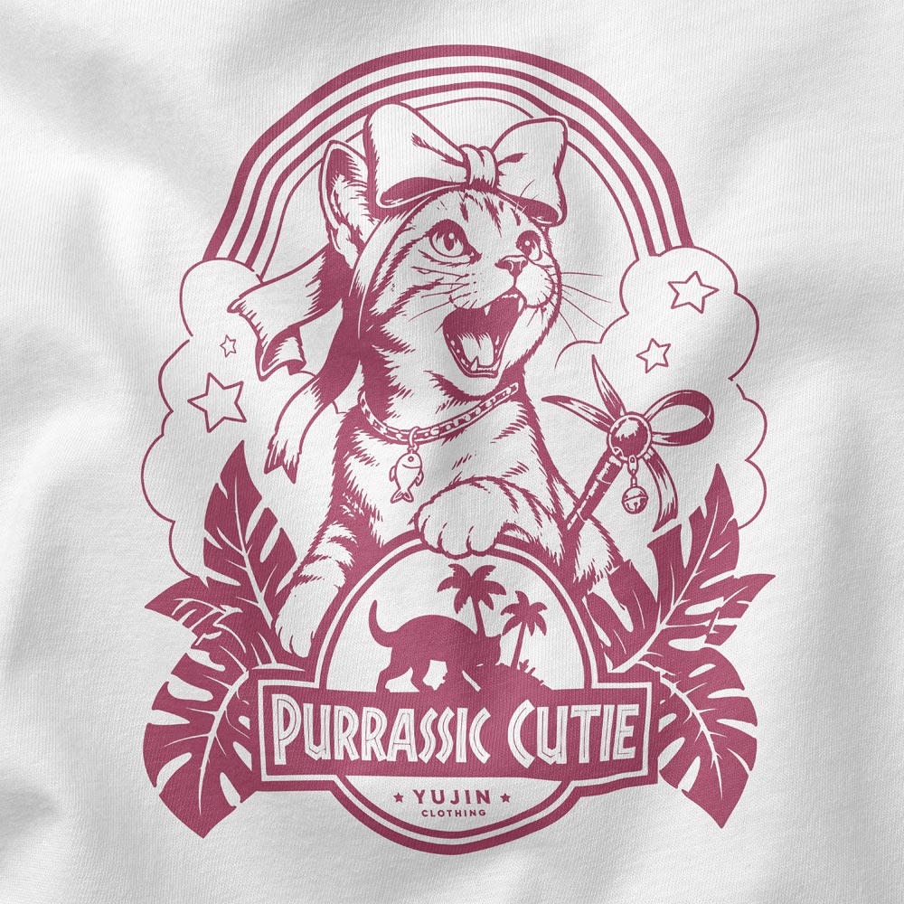 Purrassic Cutie Cat T-Shirt — white closeup