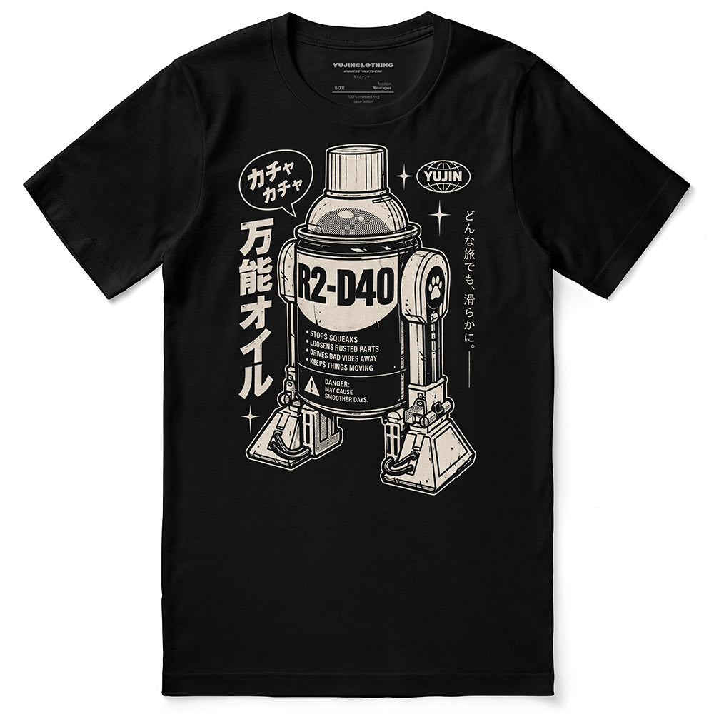 R2-D40 Retro T-Shirt in Black - front flat lay
