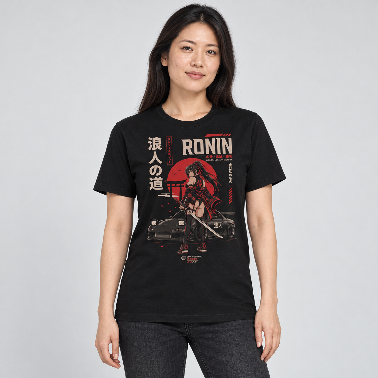 Ronin Spirit Car T-Shirt in Black on female model