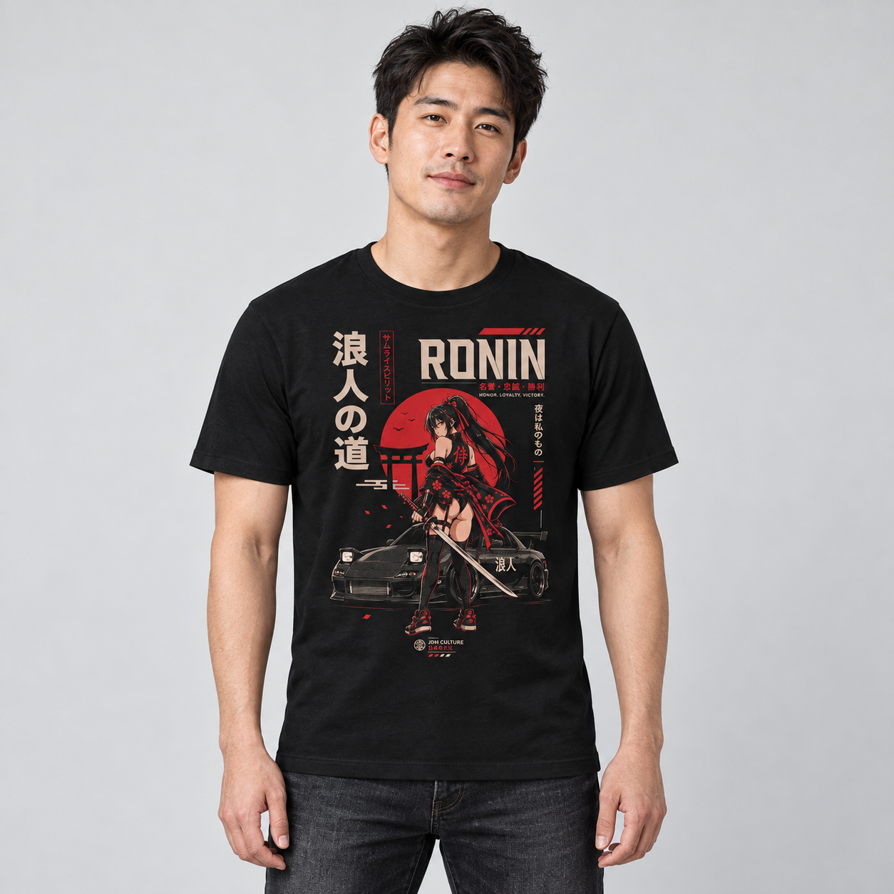 Ronin Spirit Car T-Shirt in Black on male model