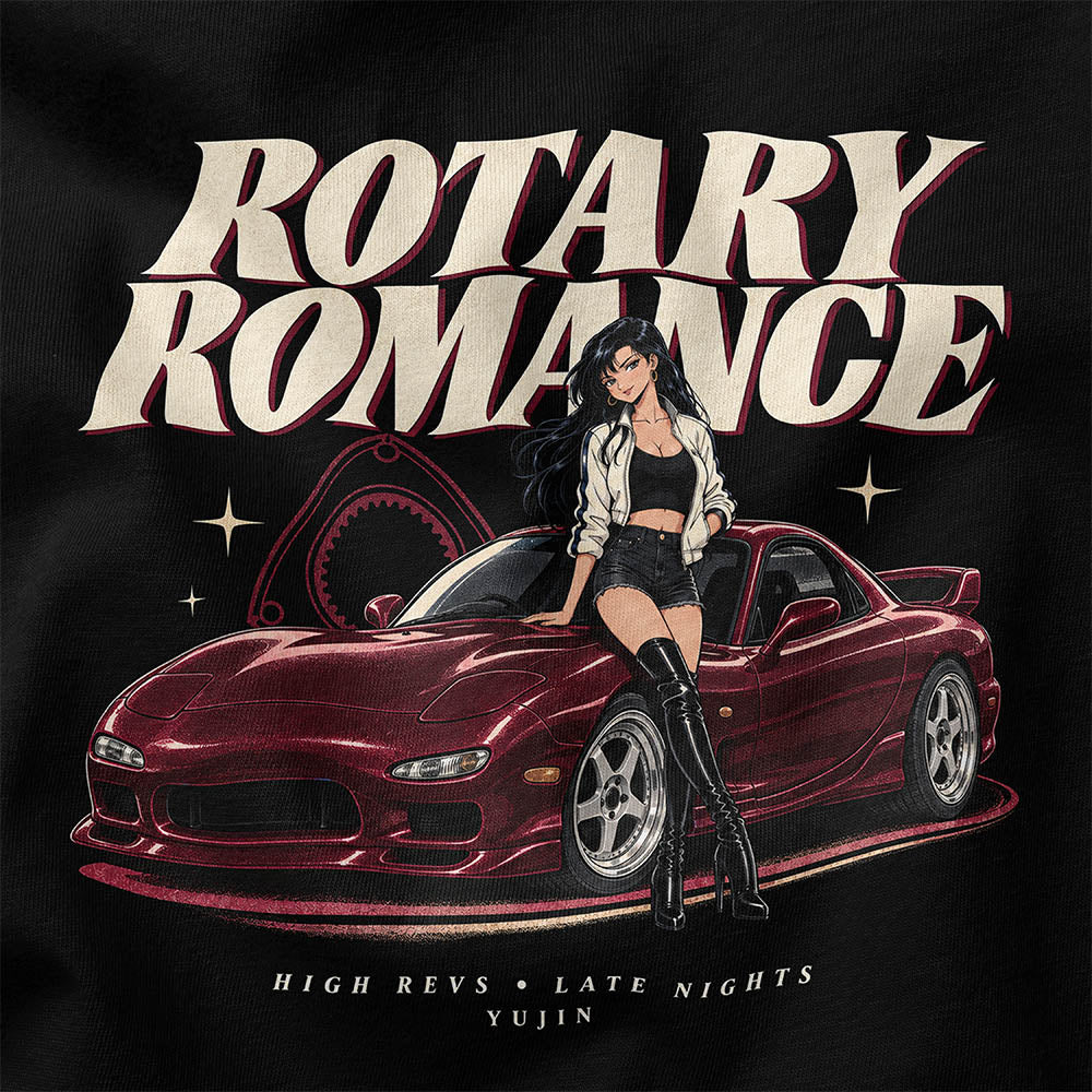 Rotary Romance Car T-Shirt — Black design closeup