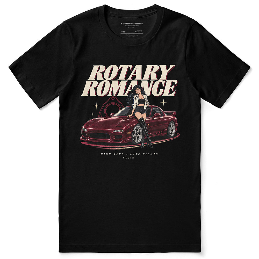 Rotary Romance Car T-Shirt — Black flat lay