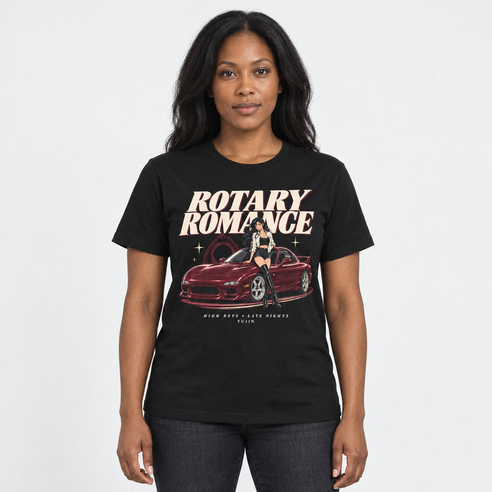 Rotary Romance Car T-Shirt — Black T-shirt on female model