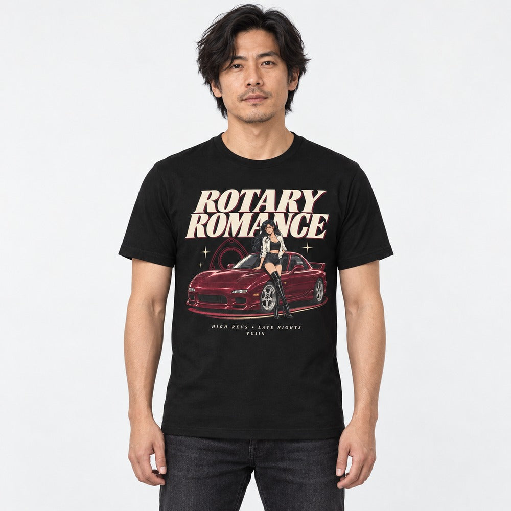 Rotary Romance Car T-Shirt — Black T-shirt on male model