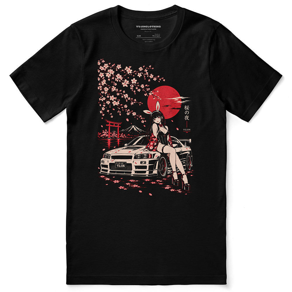 Sakura Night Car T-Shirt in Black, front flatlay showing cherry blossoms, red moon and car artwork