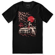Sakura Night Car T-Shirt in Black, front flatlay showing cherry blossoms, red moon and car artwork
