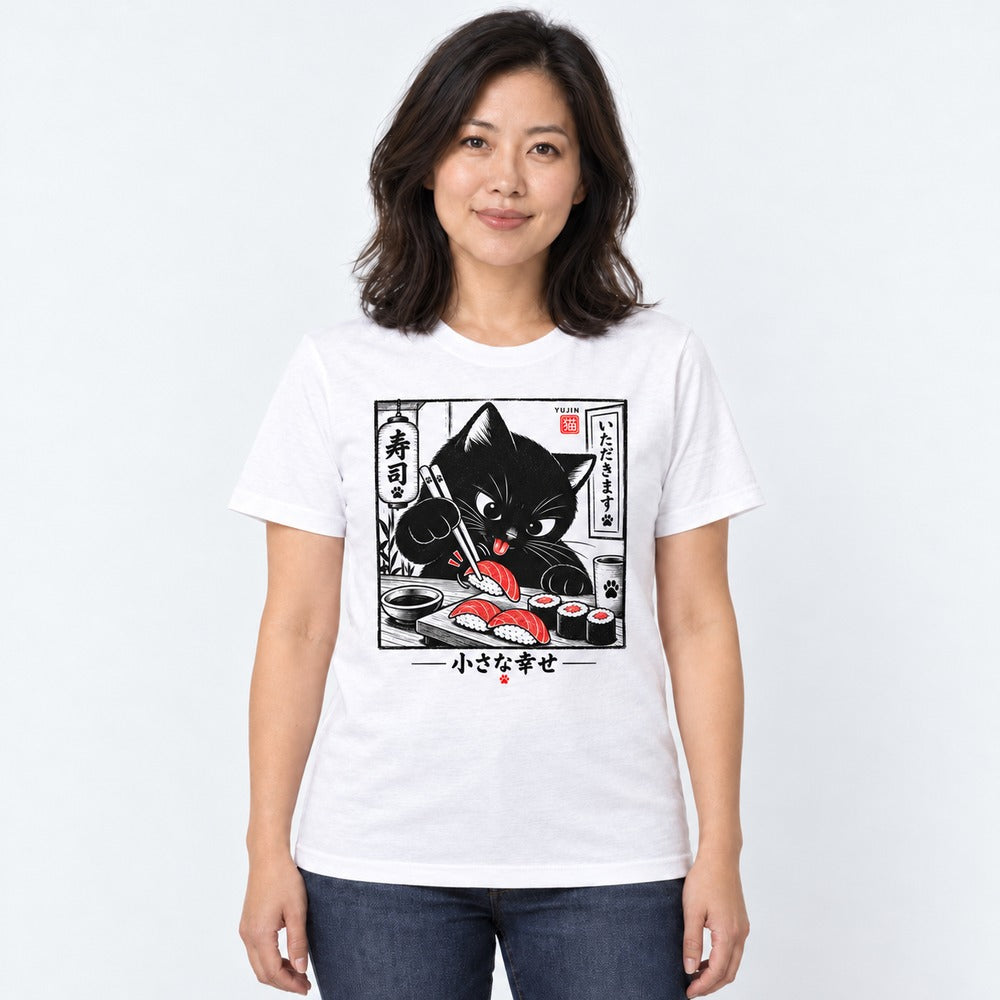 Female model wearing Sharing Is Not on the Menu Cat T-Shirt in White