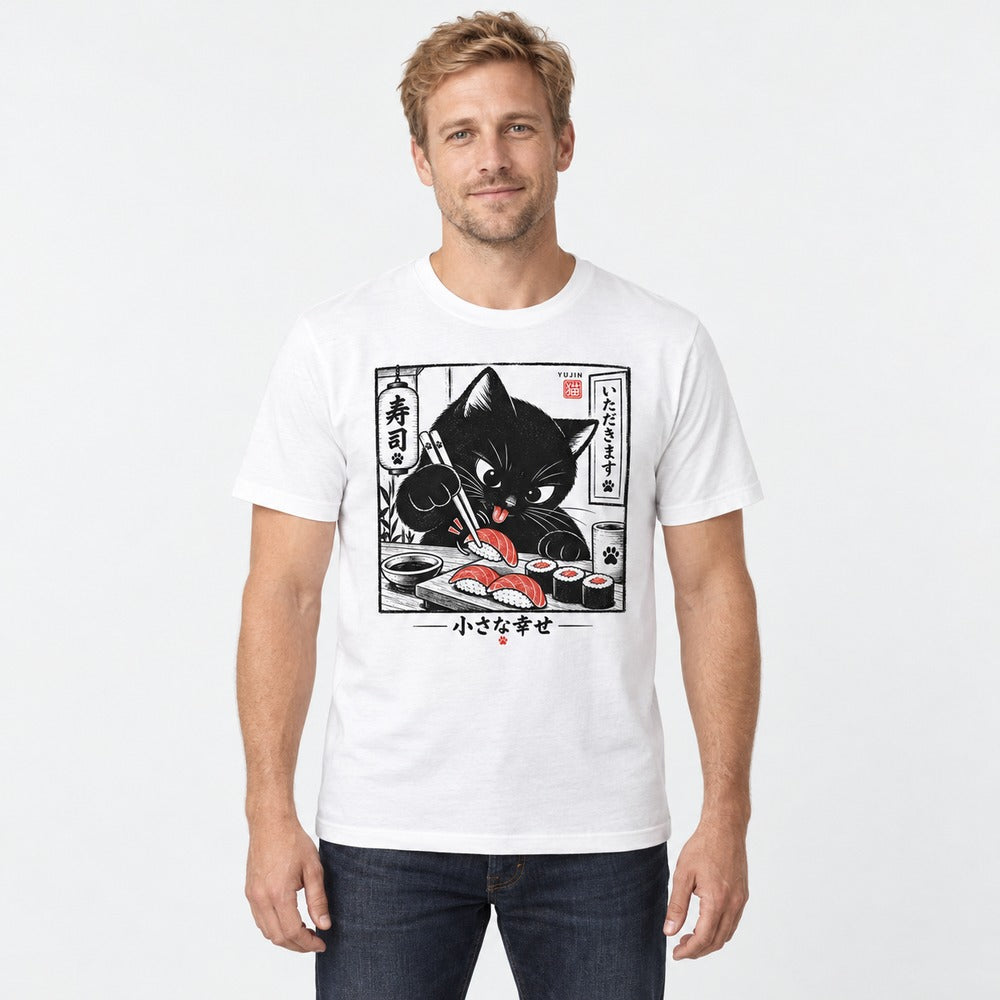 Male model wearing Sharing Is Not on the Menu Cat T-Shirt in White